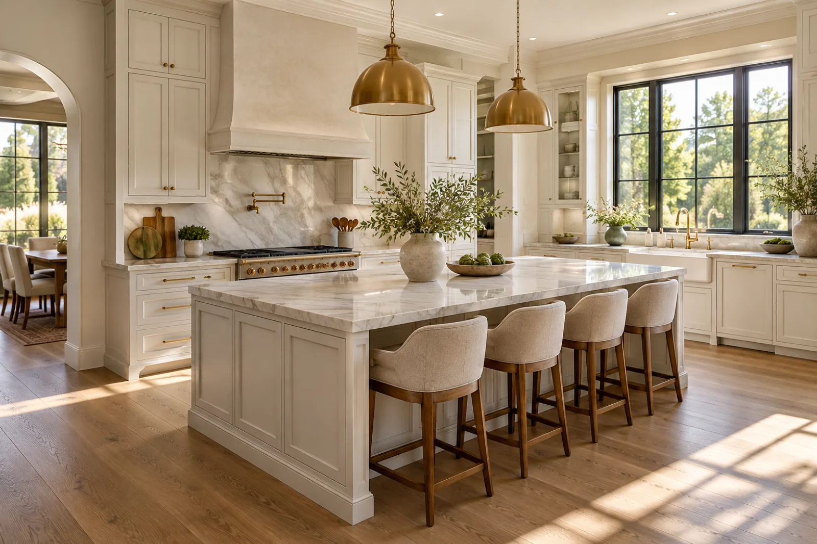 A finished custom kitchen with stone counters and fine millwork